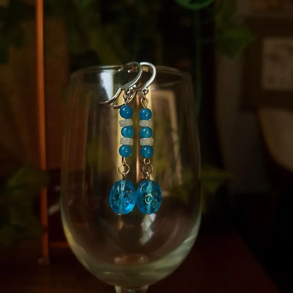 Aqua Quartz & Glass Earrings, Stainless Steel Leverback